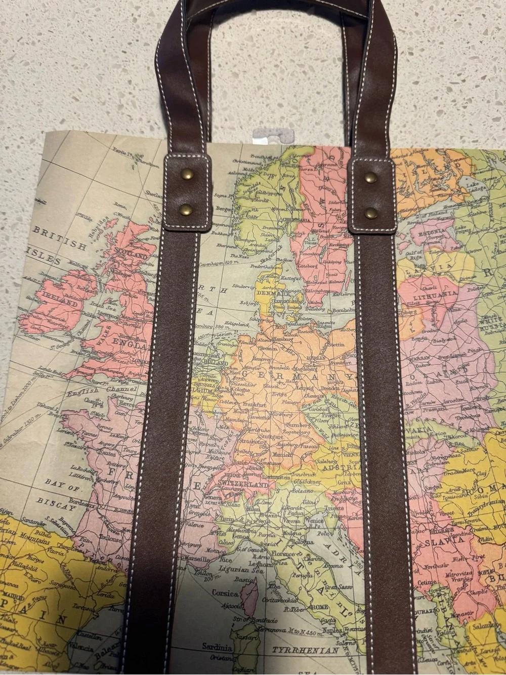 Papyrus Gift Bag World Globe 11x11x6 -Print Canvas Tote Bag with Brown Straps